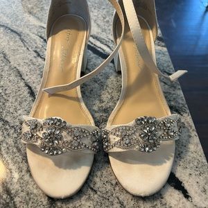 Betsey Johnson Satin Block Heel Crystal Embellished Sandals in Ivory